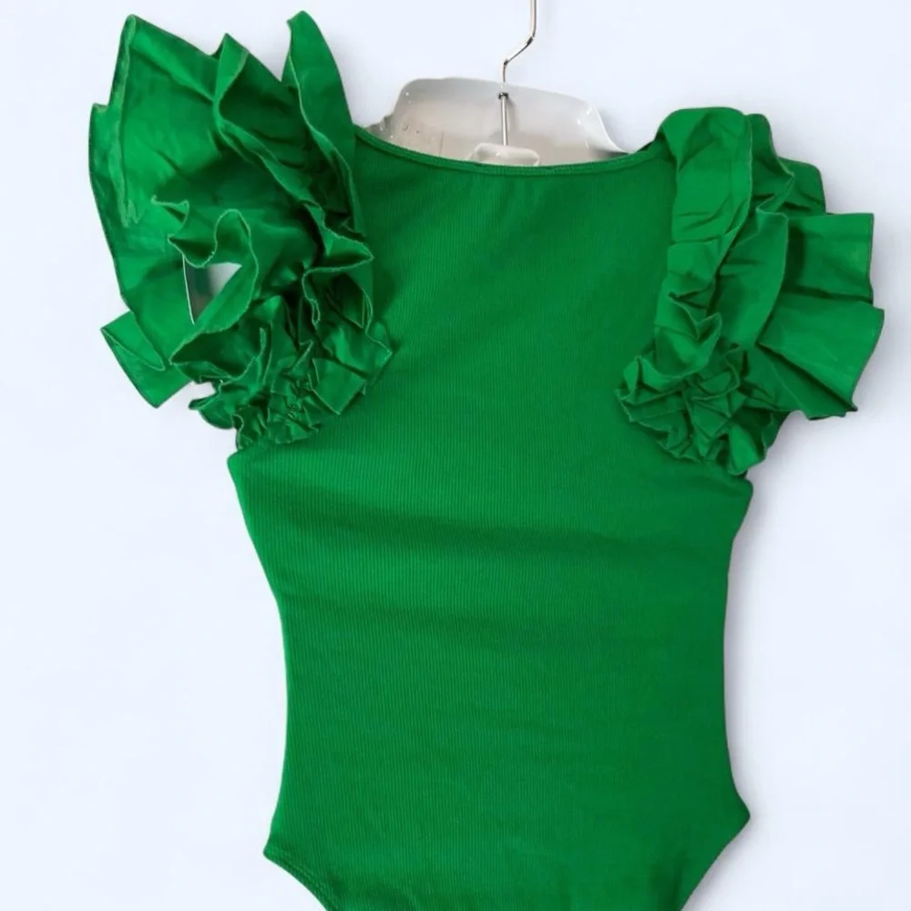 Zara Green bodysuit with scoop neck and ruffle sleeves S - Picture 2 of 4